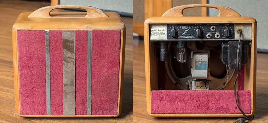 1946 Fender Deluxe amplifier on floor.